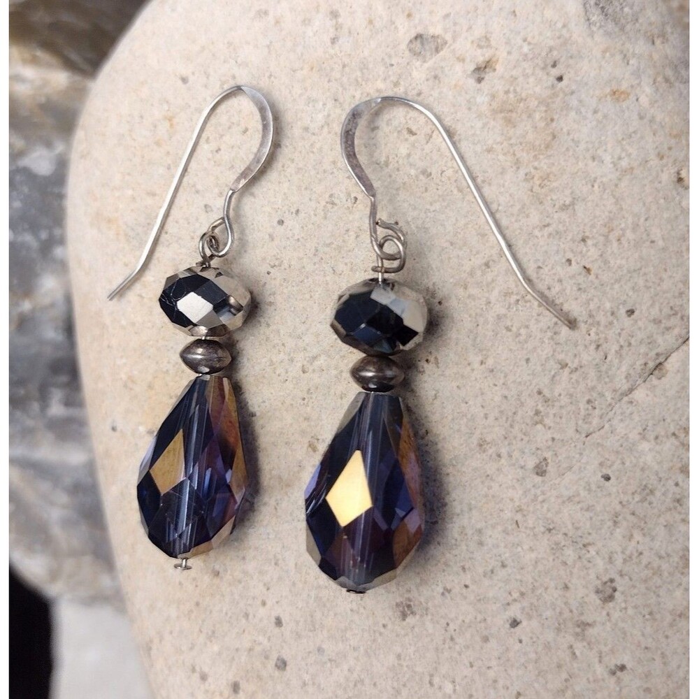 .925 Sterling Silver Purple Czech Glass Beaded Dangle Earrings